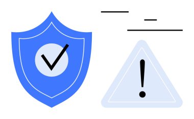 İşaretli mavi kalkan güvenliği belirtirken, uyarı üçgeni potansiyel riskleri vurgular. Siber güvenlik, risk yönetimi, veri koruması, uyum, uyarı işaretleri, kullanıcı güveni için ideal