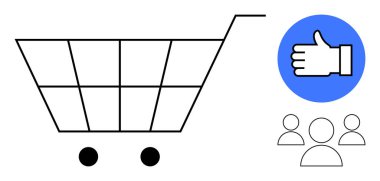 Minimalist tasarımı olan alışveriş arabası. Baş parmaklar ve bir grup ikon insan. E-ticaret, müşteri geribildirimi, ürün değerlendirmesi, takım çalışması, tüketici güveni, alışveriş, basit iniş sayfası için ideal