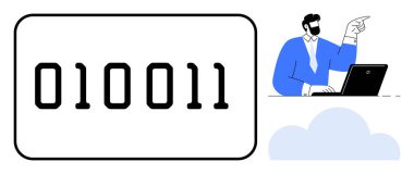 Bir dizüstü bilgisayar ve bulut grafiği kullanan bir profesyonelin yanında ikili kod. Teknoloji, kodlama, bulut hesaplama, programlama, iş, veri analizi, problem çözme için idealdir. Basit düz metafor