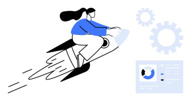 Dişliler ve analitiklerle çevrili, hız çizgileri olan bir kadın. Yenilik, girişim, büyüme, ilerleme, iş stratejisi, teknoloji ve hırs kavramları için idealdir. Basit düz