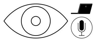 Merkezi çemberli göz, dizüstü bilgisayar ve mikrofon görüş, teknoloji ve sese bağlı. Teknoloji, erişilebilirlik, iletişim, vizyon podcast basit iniş sayfası için ideal