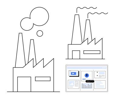 Tütsülenmiş bacaların dijital arayüz grafikleri ve verileri ile eşleştirdiği fabrika taslakları. Üretim, yenilik, endüstri, analitik, sürdürülebilirlik ve teknoloji için ideal