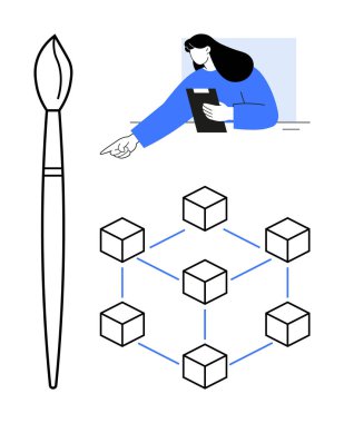 Boya fırçası, elinde pano olan bir kadın, birbirine bağlı küpler, engelleme zincirini sembolize ediyor. Yaratıcılık, teknoloji, takım çalışması, yenilik, sanat eğitimi için ideal, basit iniş sayfası engelleme zinciri