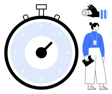 Önde gelen kadranlı kronometre, para teklif eden el yazısı, ve pano taşıyan kadın somut zaman yönetimi, iş çabası, profesyonellik. Üretkenlik, verimlilik, iş hayatı dengesi ve teslim tarihleri için ideal