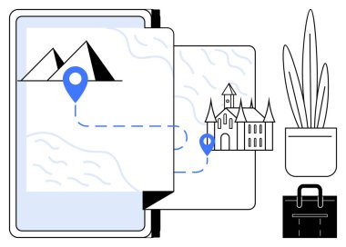 Piramit ve kaleyi bir tablete bağlayan GPS işaretli dijital harita. Saksı bitkisi ve evrak çantası da dahil. Navigasyon, turizm, seyahat planlaması, macera, kültürel keşif için ideal