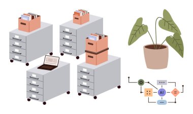 Dosyalar, kitaplar, dizüstü bilgisayarlar, saksı yeşili bir bitki ve yapay zeka çalışma akışının diyagramı. Çalışma alanı kurulumu, üretkenlik, teknoloji, minimalizm yaratıcılığı için ideal