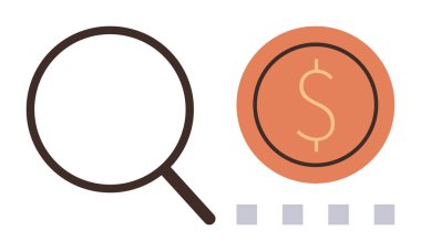 Portakal dolarlar ve küçük gri karelerin yanında büyüteç madeni para analizi, para araması veya yatırım takibi taşır. Finans, tasarruf, denetim, bütçe, değerlendirme ve ekonomi için ideal