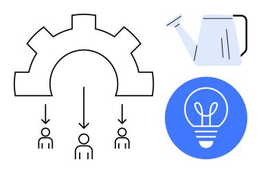 İnsanları işaret eden oklarla donatılmış, sulama, beslemeyi sembolize edebilir, fikirleri temsil eden ampuller. Takım çalışması, yenilik, liderlik, işbirliği, verimlilik, büyüme için ideal