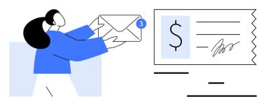 Üzerinde bildirim simgesi bulunan, döviz detaylarını içeren büyük imzalı fatura taşıyan bir zarf tutan kişi. Faturalama, finans, yazışma, dijital iletişim, muhasebe, e-posta için ideal