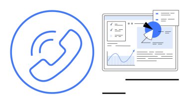 Analitik gösterge panelinin yanında grafikler, çizelgeler ve raporlar olan bir telefon simgesi. İletişim, analitik, işbirliği, uzak çalışma, iş stratejisi, yenilik için ideal
