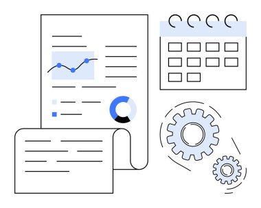 Grafikler ve çizelgeler, bir takvim ve analiz, planlama ve faaliyeti gösteren vitesler. Üretkenlik, yönetim, verimlilik, iş akışı iş stratejisi için ideal süre