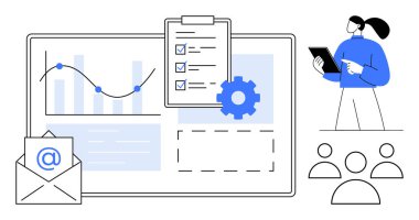 Grafikli analiz paneli, pano, zarf, dişli sembolü, çalışan birey ve takım simgeleri üzerinde kontrol listesi. İş dünyası, proje yönetimi, iş akışı hedefleri takım çalışması iletişimi için ideal
