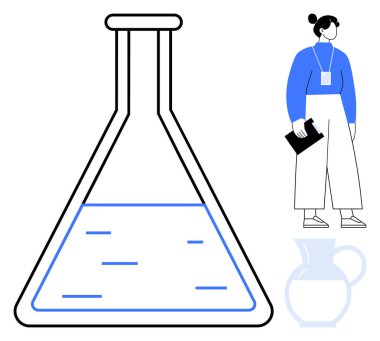 Laboratuvar şişesi, elinde dosya tutan bir bilim adamının yanında sıvıyla dolu. Araştırma, bilim, laboratuvar, eğitim, yenilik, deney ve kimya temaları için idealdir. Basit bir daire.