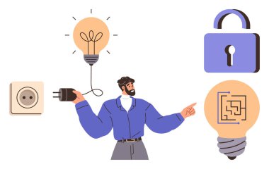 Bir adam ampulü kabloya takıyor, dijital temalı devre ampulünü ve kilit ikonunu işaret ediyor. Yenilik, yaratıcılık, teknoloji, güvenlik, problem çözme, enerji, basit düz metafor
