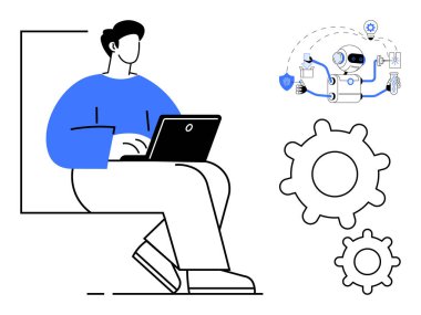 Dizüstü bilgisayar kullanan bir adam, teknoloji öğeleri olan bir robot, ve işbirliğini sembolize eden vitesler, yapay zeka, yenilik, otomasyon. Teknoloji, iş, yapay zeka geliştirme problem çözme süreci verimliliği için ideal