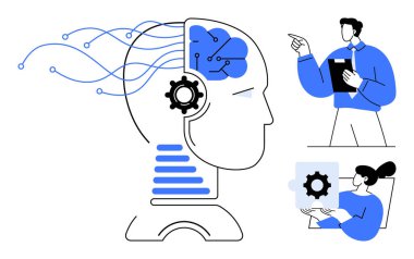 İnsan kafası, veri akışı ve donanımlı beyin yapay zeka ve teknolojiyi temsil ediyor. Takım işbirliği yenilikleri geliştirir. Yapay zeka, makine öğrenimi, takım çalışması, geliştirme, problem çözme araştırmaları için ideal