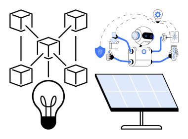 Bir ampul, yapay zeka robotu ve güneş paneline bağlı blok zinciri ağı. Yenilik için ideal, teknoloji, sürdürülebilirlik, yenilenebilir enerji, yapay zeka engelleyici yeşil teknoloji. Basit düz