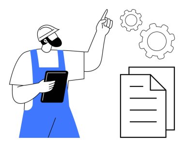 Elinde tablet tutan ve belgelerin yanındaki dişlilere işaret eden, planlama, teknik işleri ve optimizasyonu temsil eden bir mühendis. Mühendislik, takım çalışması, mekanik ve proje yönetimi için ideal