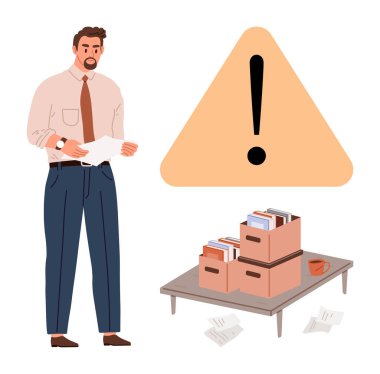 Uyarı sembolünün yanında gazete okuyan ve dosya kutuları olan bir adam. Organizasyon, evrak işleri, uyum, risk, teslim tarihleri, verimlilik, karar verme süreci için idealdir. Basit düz metafor