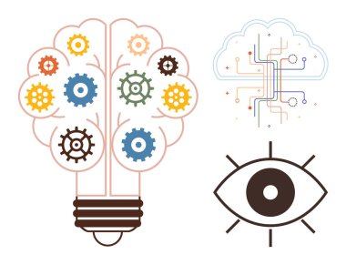 Ampulün içindeki dişliler, birbirine bağlı çizgileri olan bulut ve bir göz ikonu yaratıcılığı, teknolojiyi ve görüşü temsil eder. Yenilik, fikirler, yapay zeka, araştırma veri analizleri için ideal basit düz metafor