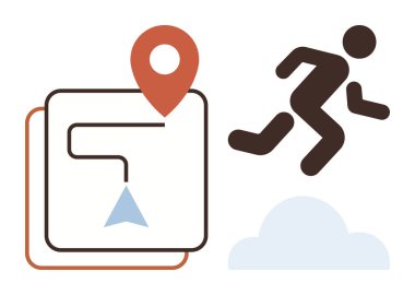 Rotalı harita, kırmızı yer işareti, istikamete doğru koşan bir koşucu, mavi bulut. Seyahat, fitness, navigasyon, keşif hedefleri hareketlilik için idealdir. Minimalist düz metafor