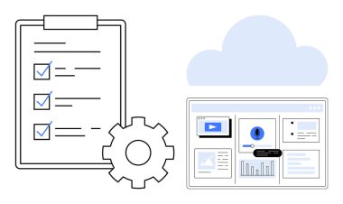 Kontrol listesi, dişli, bulut ve grafikler ve uyarılarla birlikte dijital panel arayüzü. Bulut hesaplama, planlama, analitik, otomasyon, iş akışı verimliliği için ideal basit düz metafor