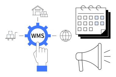 WMS, teslimat kamyonu, depo, takvim ve megafonla donatılmış bir depo. Lojistik, envanter, tedarik zinciri planlama verimliliği için ideal. Basit düz metafor