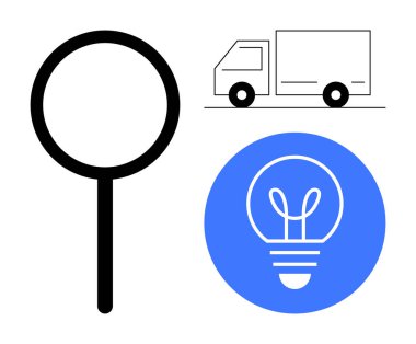 Büyüteç, dağıtım kamyonu ve mavi daireli ampul arama, lojistik ve yenilik öneriyor. İş, yenilik, fikirler, lojistik çözümler için ideal basit iniş sayfası verimliliği