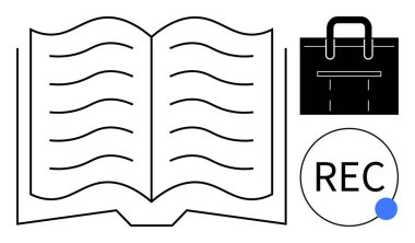Dalgalı çizgiler, siyah evrak çantası ve kayıt ikonu olan açık bir kitap. Eğitim, iş-yaşam dengesi, üretkenlik, yaratıcılık, dijital öğrenme, içerik oluşturma için ideal düz metafor