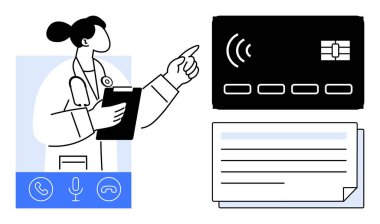 Doktor pano kullanıyor, NFC kartına işaret ediyor, iletişim simgeleri aşağıda. Teletıp, sağlık ödemeleri, dijital hizmetler, fintech, sanal destek teknolojisi eğitimi için ideal. Basit düz