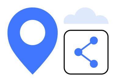 Mavi konum rozeti, kare içindeki nokta ve çizgilerle ikon paylaşımı, arkaplanda bulut ögesi. Navigasyon, paylaşım, bağlantı, bulut depolama, ağ oluşturma, işbirliği için ideal
