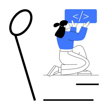 Kadın diz çöküyor, başının üstünde bir kod etiketi ile etkileşime geçiyor. Soyut grafik elementler minimalist kompozisyonu tamamlar. Teknoloji, programlama, eğitim, takım çalışması ve yenilik için ideal