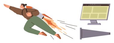 Elinde jet motoru olan biri, dinamik hareket, monitörde web sayfası görüntüsü. Yenilik, iş büyümesi, hırs, teknoloji, dijital girişimcilik, motivasyon için idealdir.