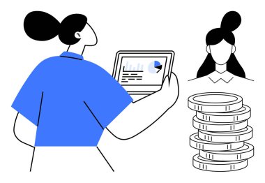 Tabletteki mali verileri analiz eden bir kadın, başka bir kadının profili, parayı temsil eden bir yığın para. Finans, yatırım, ekonomi, iş, analiz, danışmanlık bütçesi için ideal