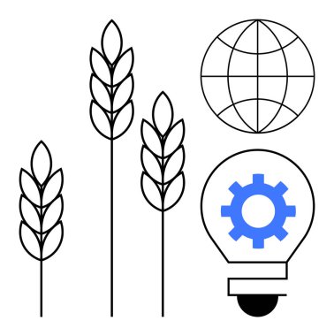 Buğday sapları, küresel bağlantıyı temsil eden küre ve ampuldeki dişliler sürdürülebilir çiftçiliği, yeniliği, eko-teknolojiyi, küresel ticareti, tarımsal ilerlemeyi sembolize ediyor. Tarım için ideal