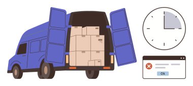 Kutuları istiflenmiş bir minibüs, zaman baskısını gösteren bir saat, son teslim tarihlerini yanlış bildiren bir mesaj. Lojistik, zaman yönetimi, teslim tarihleri, tedarik zinciri sorunları, verimlilik için ideal