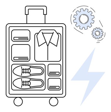 Katlanmış giysiler, ayakkabılar ve kompartımanlarla dolu düzgün bir bavul. Küçük dişliler ve enerji cıvataları verimliliği vurguluyor. Seyahat, organizasyon, üretkenlik, lojistik, planlama minimalizmi için ideal