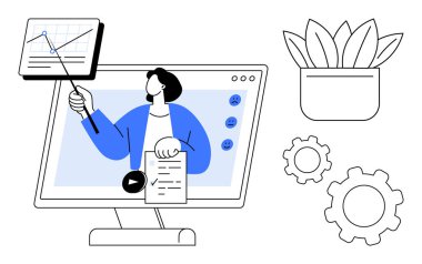 Sunucu ekrandaki grafiğe işaret ediyor, notlar tutuyor. Dişliler, bitkiler ve bilgisayar monitörleri dahil. Sanal öğrenme, takım çalışması, üretkenlik, planlama işi için ideal