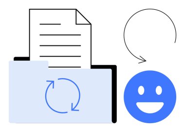 Başarılı güncellemeleri veya paylaşımı simgeleyen senkronize oklar, açık belge ve gülen yüz içeren dizin. Üretkenlik, takım çalışması, bulut depolama, otomasyon, veri yönetimi, iş akışı için ideal basit