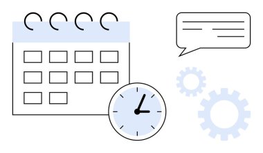 Takvim şebekesi, saat, konuşma balonu ve vitesler programlama, organizasyon ve takım çalışmasını ön plana çıkarır. Üretkenlik, planlama, işbirliği iş akışı iş verimliliği zaman stratejisi için idealdir.