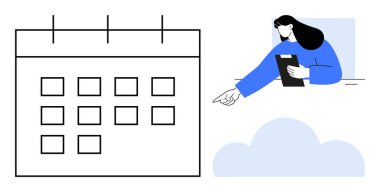 Takvim ızgarası elinde tablet tutan kişinin yanında, bir eylemi işaret ediyor. Zaman yönetimi, görev öncelikleri, takım koordinasyonu, etkinlik planlaması, üretkenlik stratejileri, dijital