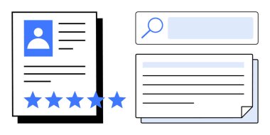 Fotoğraflı kullanıcı profili belgesi, beş yıldızlı not, istiflenmiş kağıtlar ve arama çubuğu. İşe alım, geri bildirim sistemi, profil analizi, iş başvurusu, derecelendirme sistemi veritabanı yönetimi için ideal