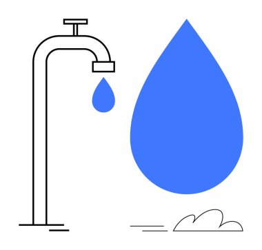 Musluk küçük bir damla su salıyor, yanında büyük mavi su damlası, korunmayı simgeliyor. Sürdürülebilirlik, su yönetimi, dünya kaynakları, eko-farkındalık, çevre bakımı için ideal