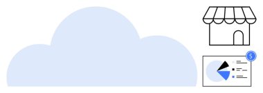 Veri depolama için bulut hesaplaması bulut, mağaza önü ve finansal haritayla çizilmiş. Teknoloji, iş dünyası, finans, analitik, dijital araçlar, e-ticaret dairesi için ideal basit metafor