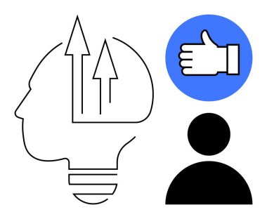 Büyüyen okları olan insan kafası fikirleri sembolize eder, onay için baş parmaklar ve insan silueti. Konseptler için ideal yenilik, başarı, kişisel büyüme, iş geliştirme, motivasyon