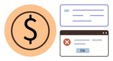 Hata uyarıları ve eylemler için açılır pencere ile dolar simgesi eşleştirildi. Finans, çevrimiçi işlemler, sorun giderme, kullanıcı arayüzü, kararlar, uyarılar, dijital ekonomi için ideal. Basit düz metafor