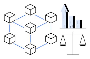 Birbirine bağlı küpler, yukarı doğru büyümeyi gösteren oklu bar tablosu ve adalet için bir denge ölçeği. Teknoloji, iş dünyası, yenilik, kripto para birimi, sermaye, büyüme stratejisi için ideal basit