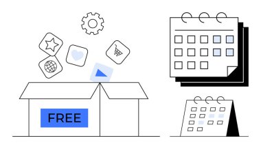 Uygulamalı FREE etiketli kutuda yıldız, kalp ve araba simgeleri yüzüyor. Takvimler planlama, planlama ve yönetim gösteriyor. Uygulamalar, promosyonlar ve dijital planlama için ideal verimlilik sunuyor