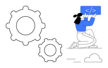 Kodlama ekranı ve vitesleri olan programcı, kurulumu ve programlamayı sembolize ediyor. Geliştirme, takım çalışması, otomasyon, yazılım, UIUX, eğitim ve basit bir iniş sayfası için ideal