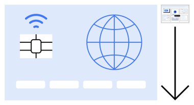 NFC çipli ödeme kartı, küresel kullanımı sembolize eden küre ve işlem akışını gösteren aşağı yönlü bir ok. Finans, teknoloji, e-ticaret, küresel ticaret, dijital güvenlik için ideal